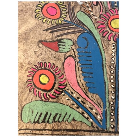 Vintage Mexican Amate Bark Painting – Floral Hand-Painted FOLK ART w/ Burlap Mat - Picture 8 of 16